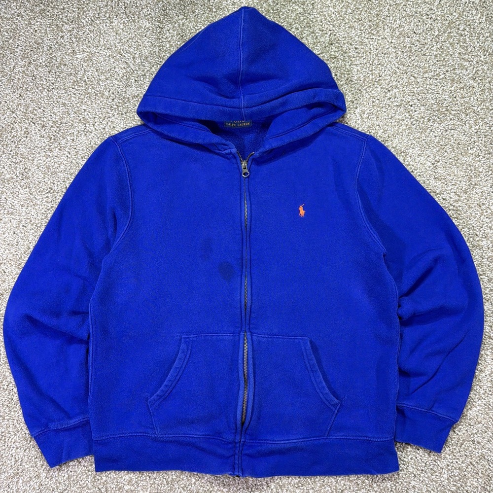 Polo Ralph Lauren Royal Blue ZIPUP Hoodie Y2K Fits Men's Small Faded Distressed